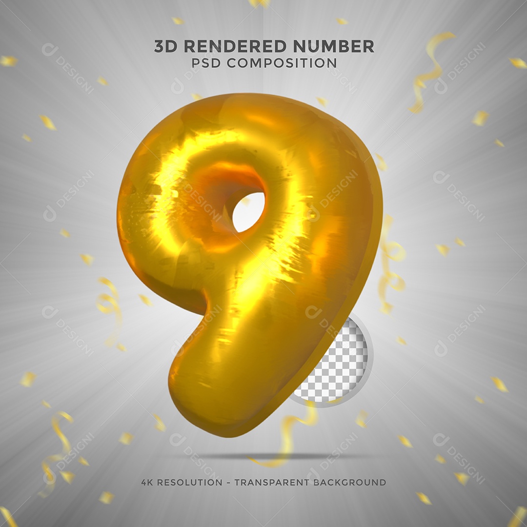 Número 9 Dourado Elemento 3D Para composição PSD