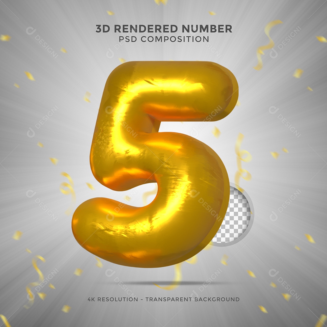 Número 5 Dourado Elemento 3D Para composição PSD
