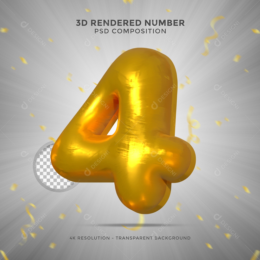 Número 4 Dourado Elemento 3D Para composição PSD