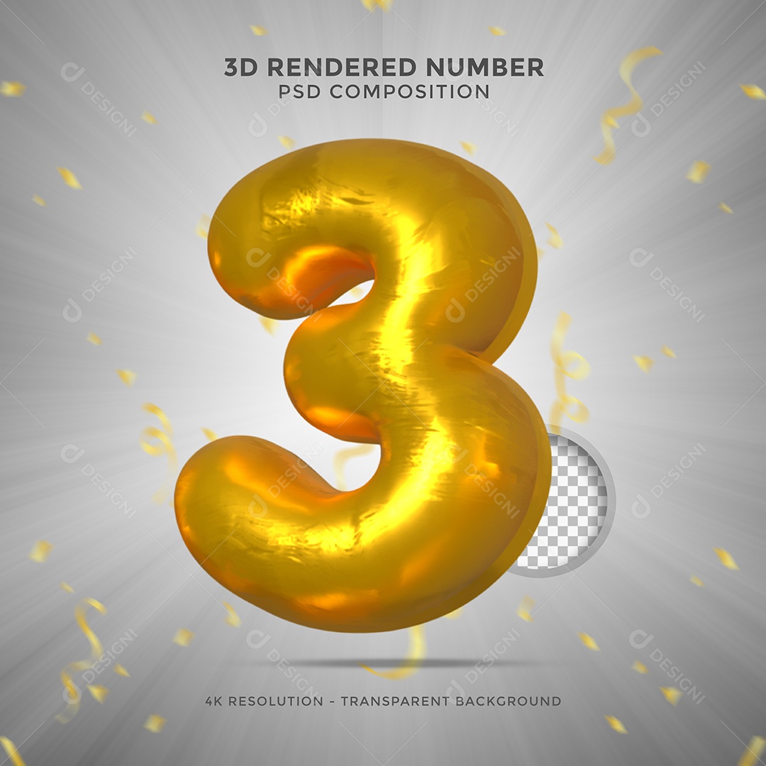 Número 3 Dourado Elemento 3D Para composição PSD