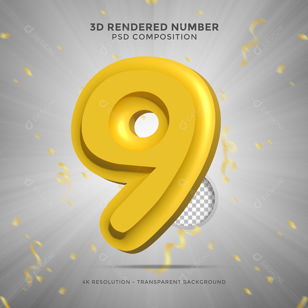 Número 9 Dourado Elemento 3D Para composição PSD