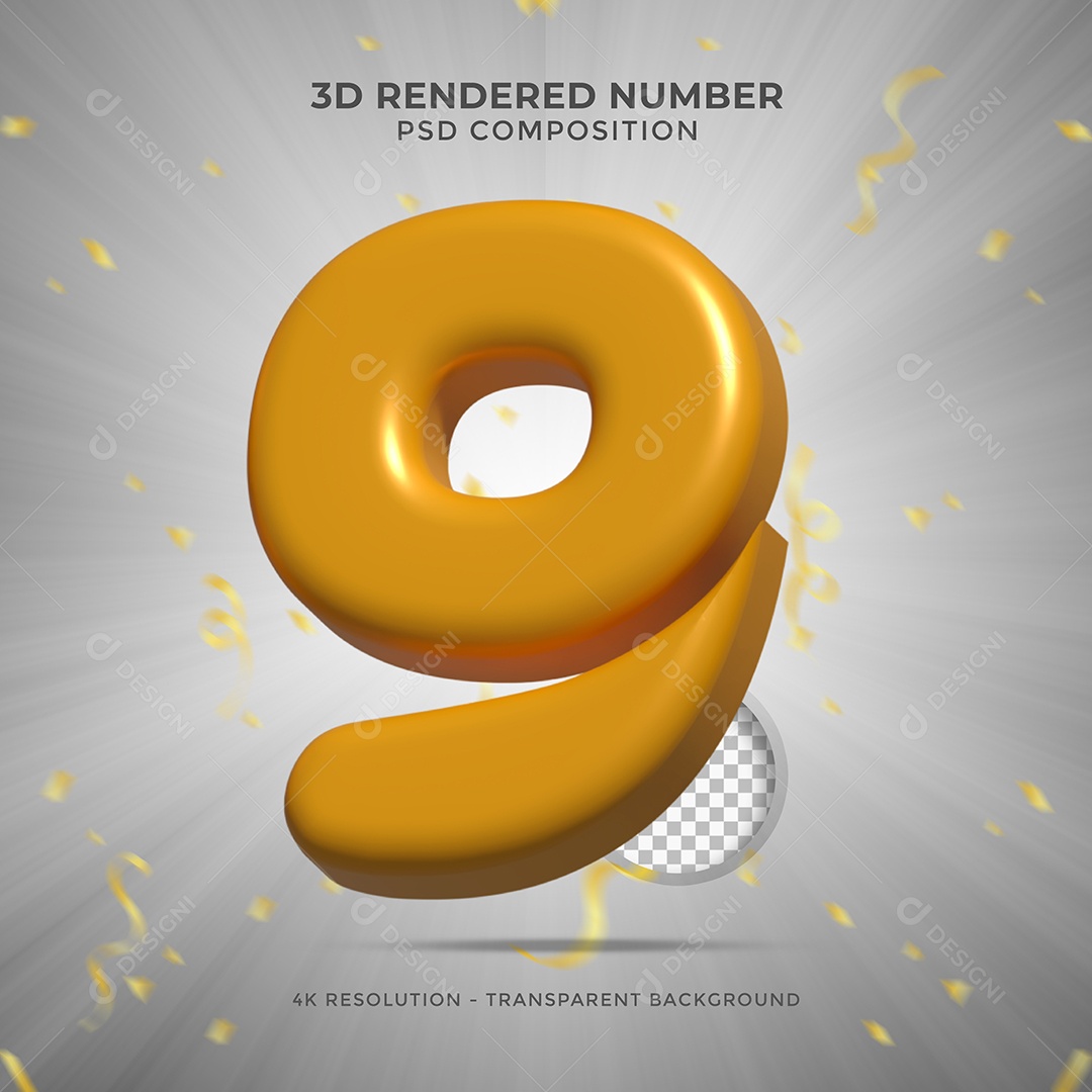 Número 9 Dourado Elemento 3D Para composição PSD