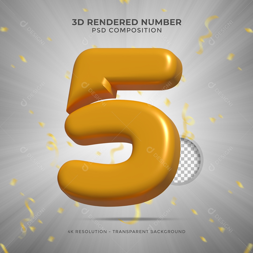 Número 5 Dourado Elemento 3D Para composição PSD