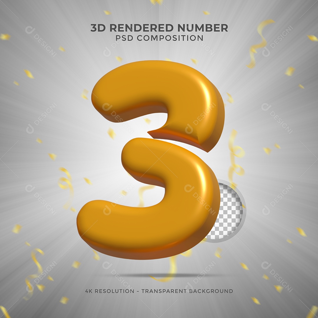 Número 3 Dourado Elemento 3D Para composição PSD