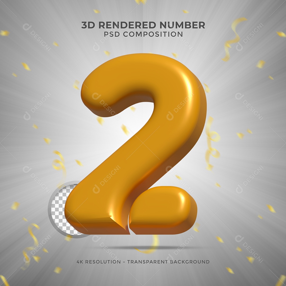 Número 2 Dourado Elemento 3D Para composição PSD