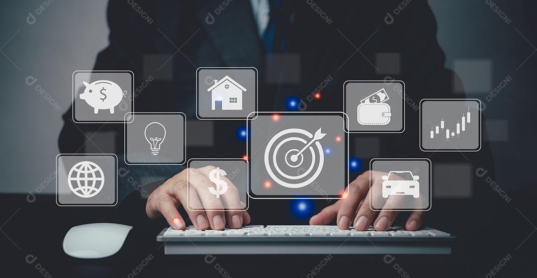 Objetivos de investimento. Banca de finanças empresariais e dinheiro de poupança doméstica. fundos de ações e seguro de tela virtual. Mão usando o conceito de computador de teclado.