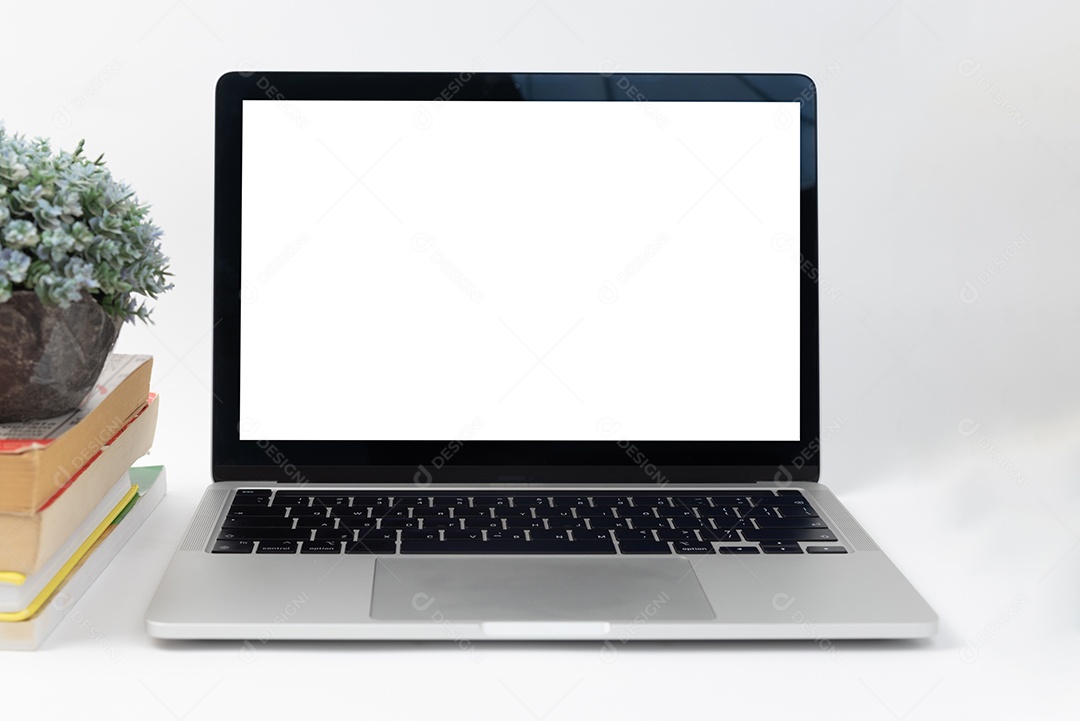 Mesa de trabalho e laptop e a tela em branco negócios, laptop de tela em branco