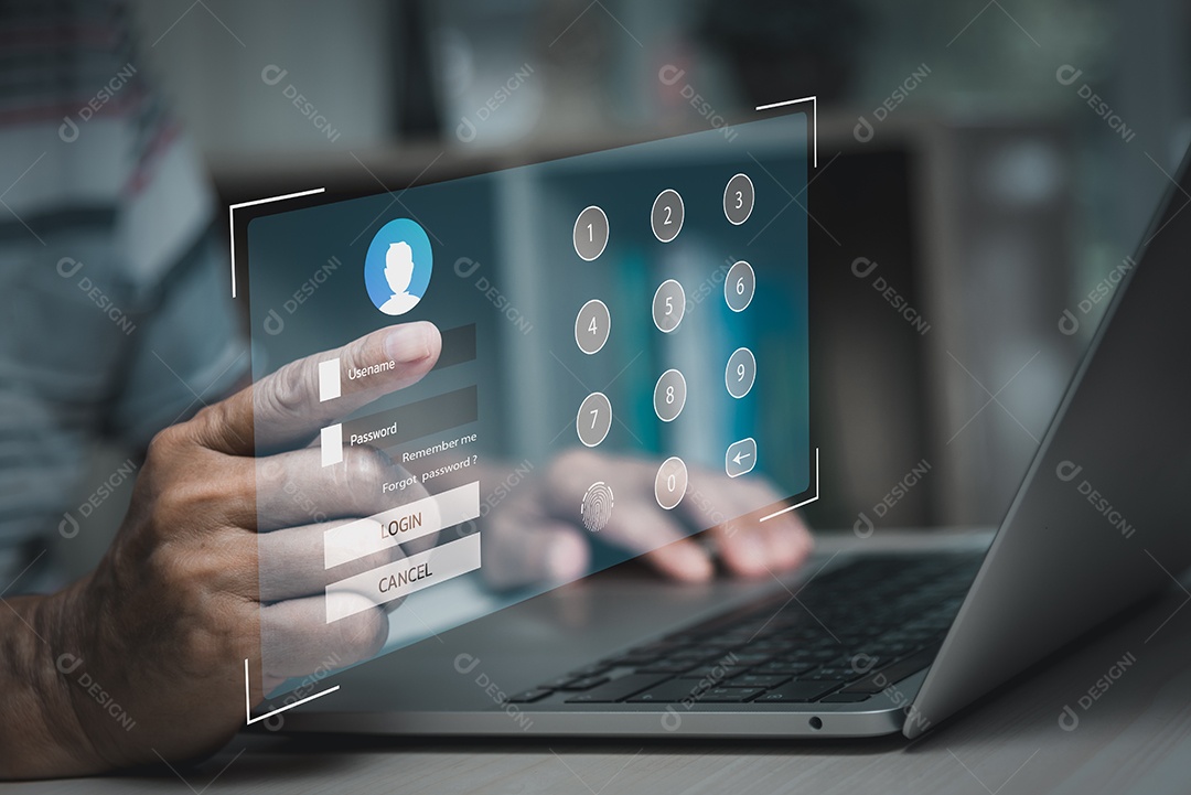 Homem usando o computador portátil e inscreva-se ou faça login na tela de toque virtual de senha de nome de usuário.