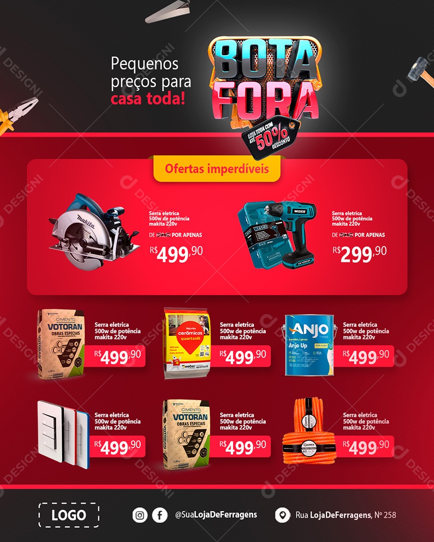 Encarte Bota Fora Loja Toda Com Até 50% Desconto Construção Social Media PSD Editável