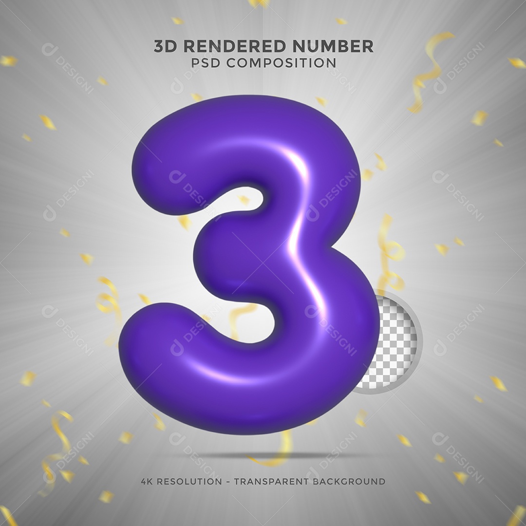 Número 3 Roxo Elemento 3D Para composição PSD