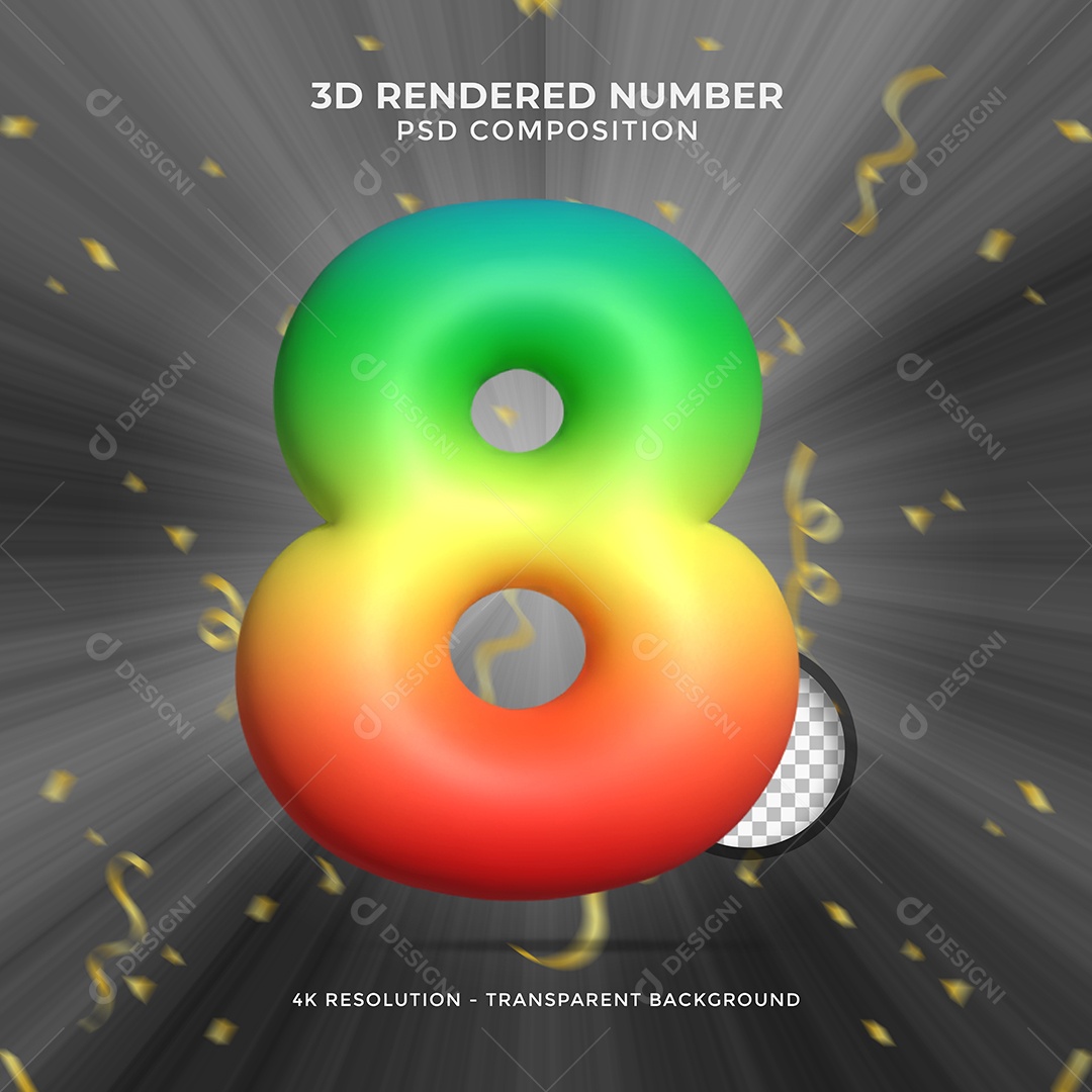 Número 8 Colorido Verde Amarelo e Vermelho Elemento 3D Para Composição PSD