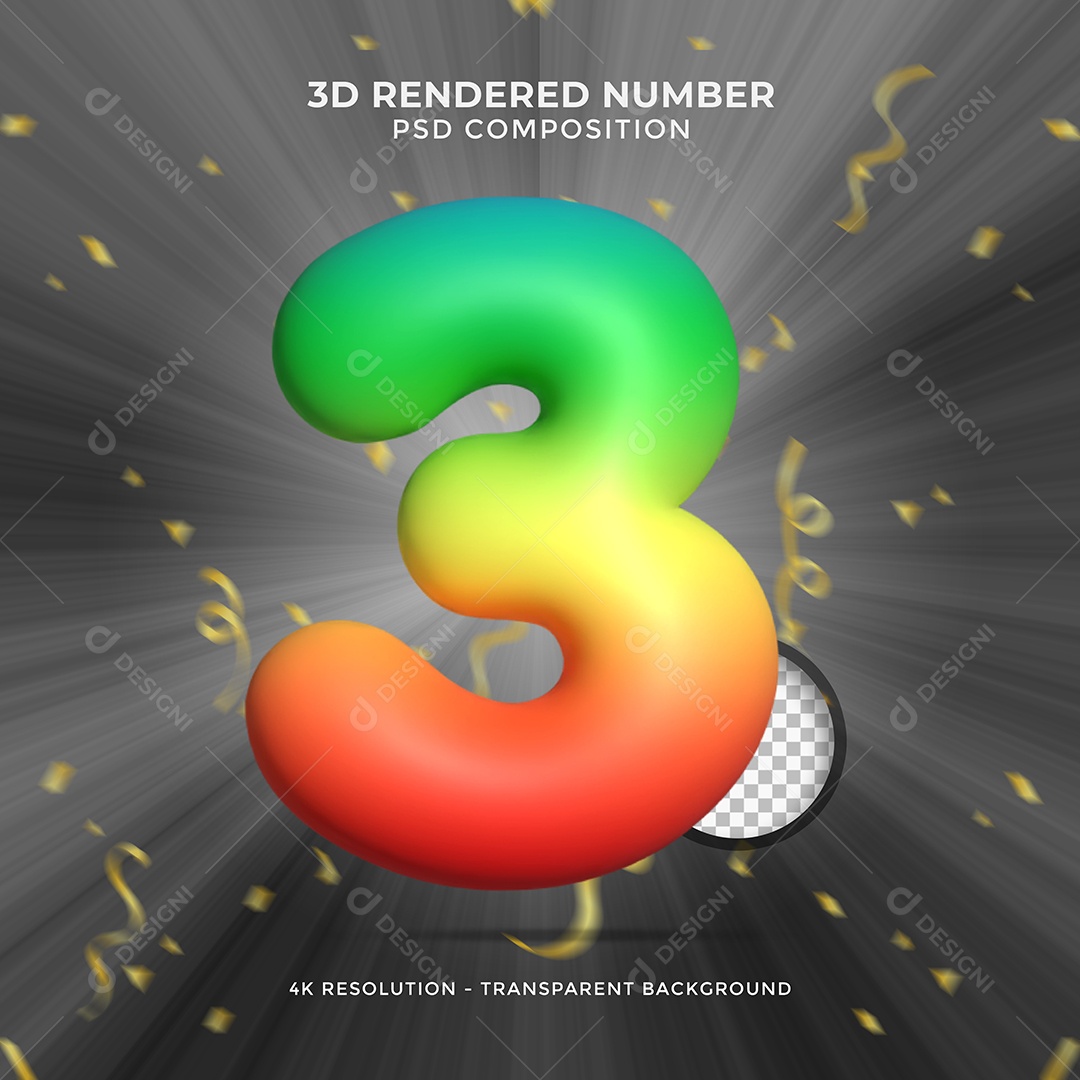 Número 3 Colorido Verde Amarelo e Vermelho Elemento 3D Para Composição PSD