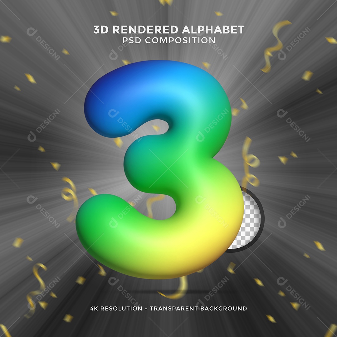 Número 3 Colorido Azul Verde e Amarelo Elemento 3D Para Composição PSD