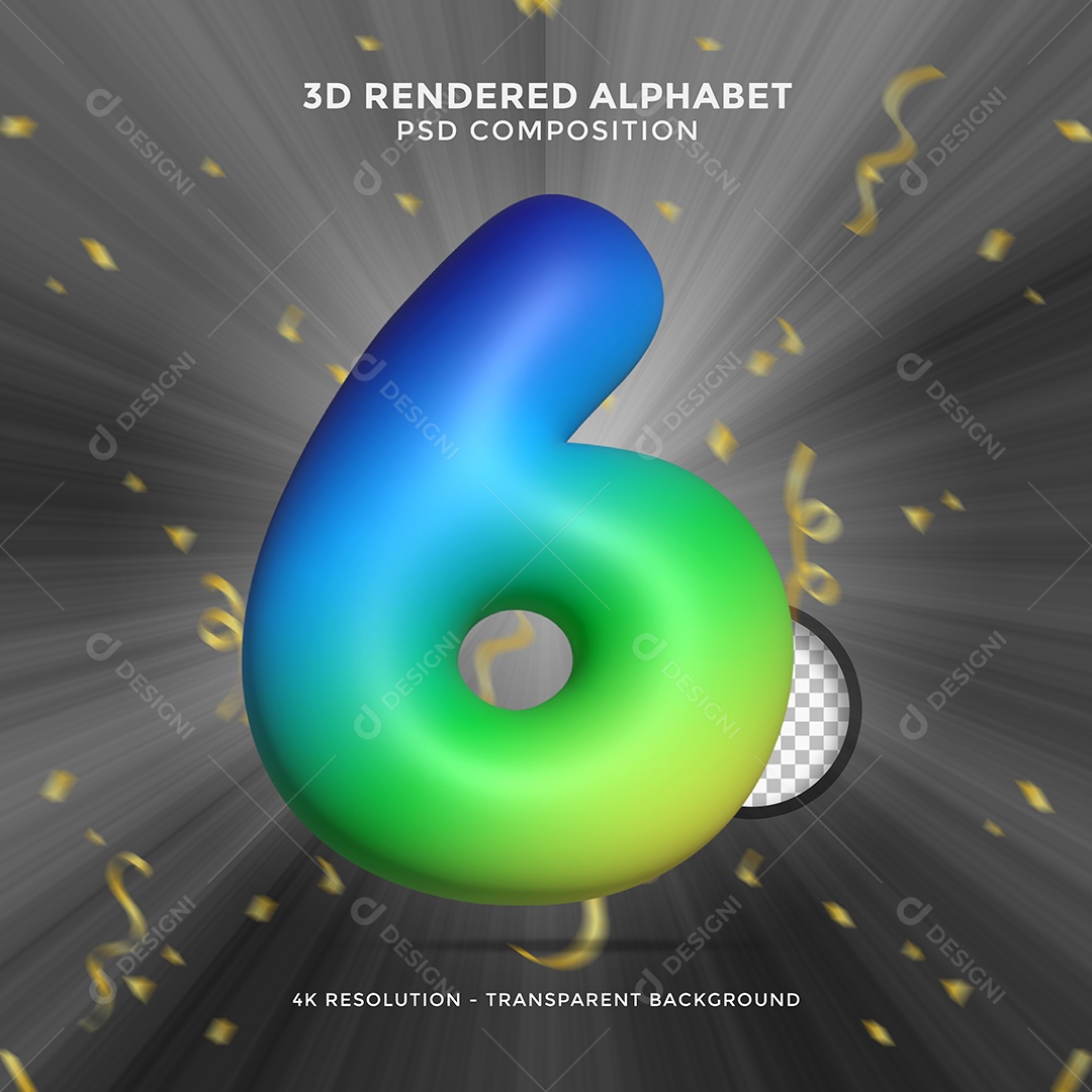 Number 6 Colored Blue Green Yellow 3D Element For Composition PSD