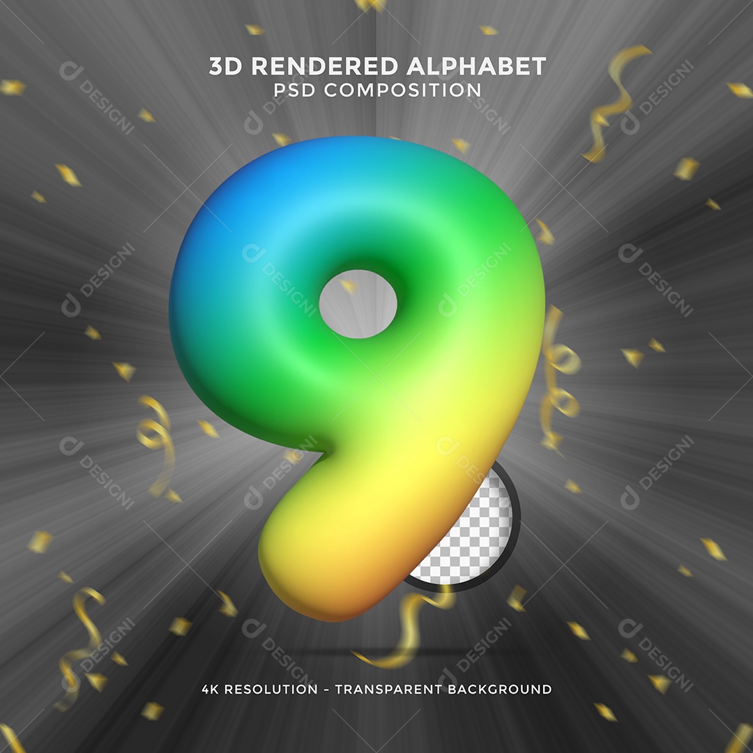 Número 9 Colorido Azul Verde e Amarelo Elemento 3D Para Composição PSD