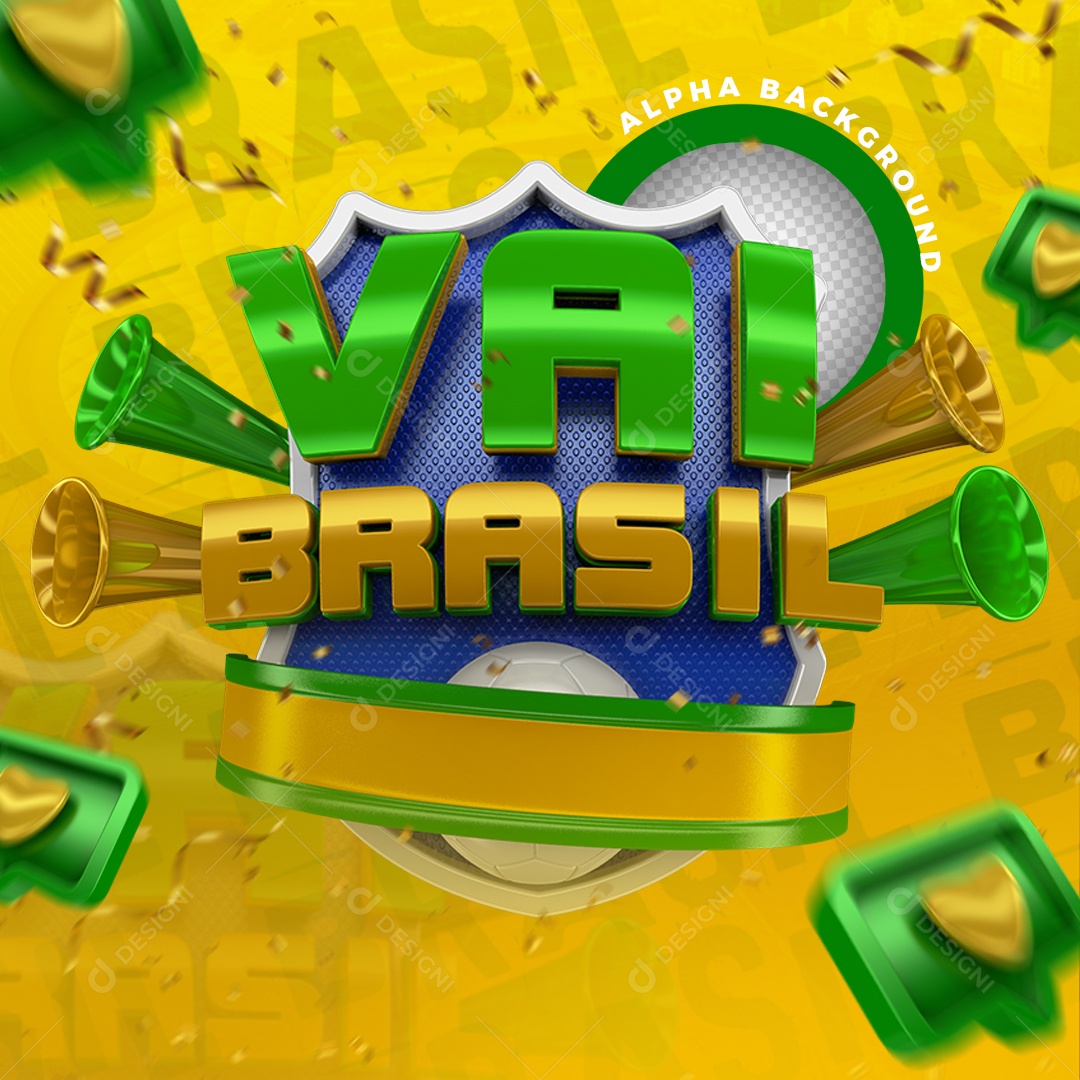 Selo 3D Para Composição Vai Brasil Verde e Amarelo PSD