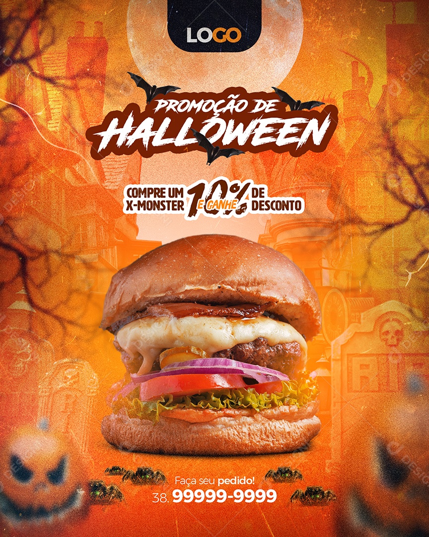 Post Promoção de Halloween Hambúrguer Dia das Bruxas Feed PSD Editável