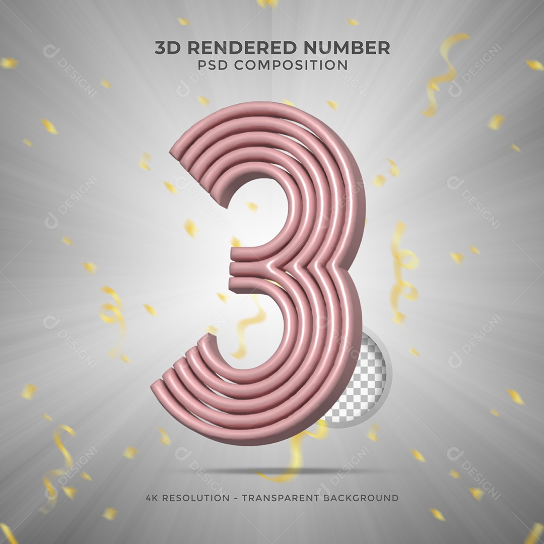 Número 3 Rosa Elemento 3D Para Composição PSD