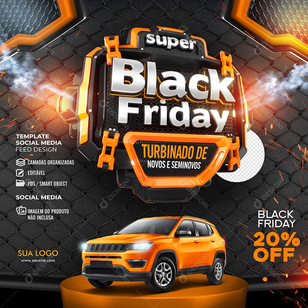 Turbinado de Novos e Seminovos Super Black Friday 20% Off Concessionária Social Media PSD Editável