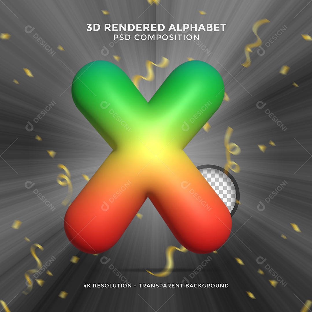 Letra X Colorida Cor Verde Amarelo e Vermelho Elemento 3D Para Composição PSD