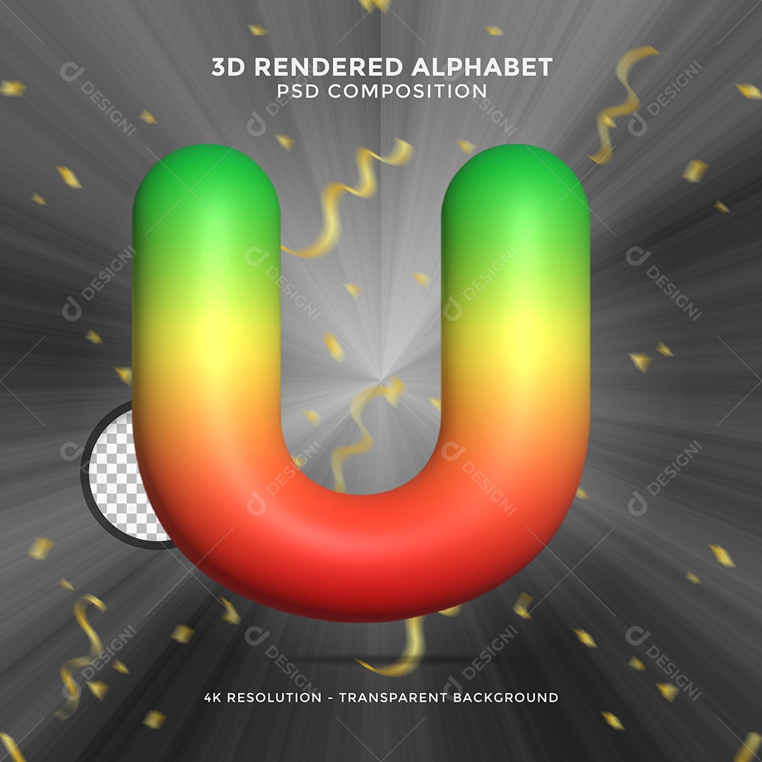 Letra U Colorida Cor Verde Amarelo e Vermelho Elemento 3D Para Composição PSD