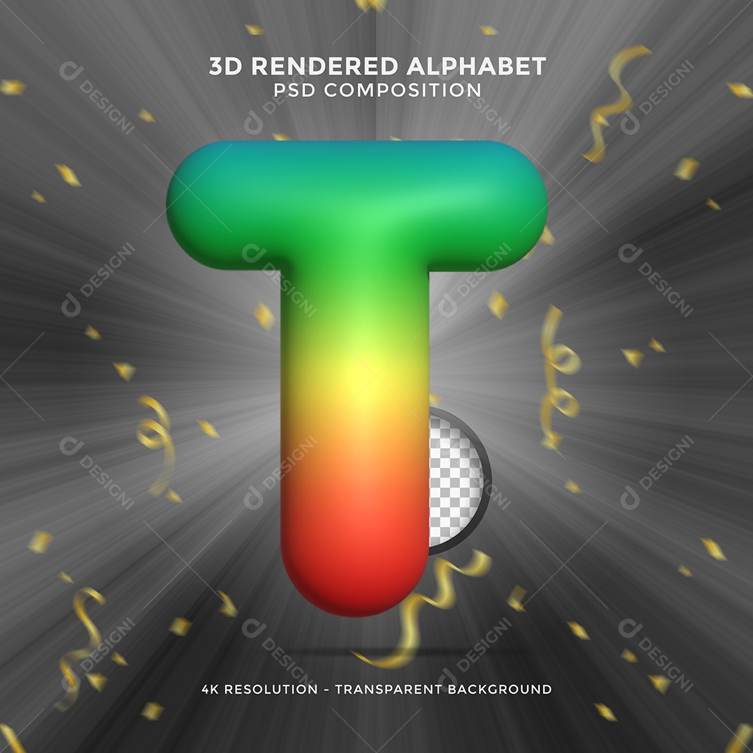 Letra T Colorida Cor Verde Amarelo e Vermelho Elemento 3D Para Composição PSD