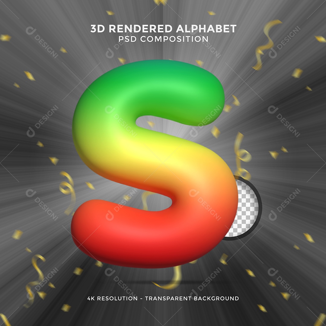 Letra S Colorida Cor Verde Amarelo e Vermelho Elemento 3D Para Composição PSD