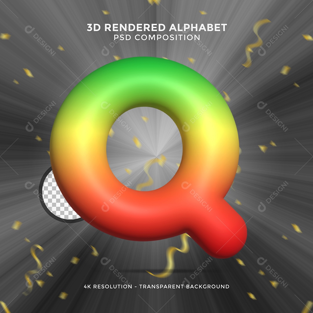Letra Q Colorida Cor Verde Amarelo e Vermelho Elemento 3D Para Composição PSD
