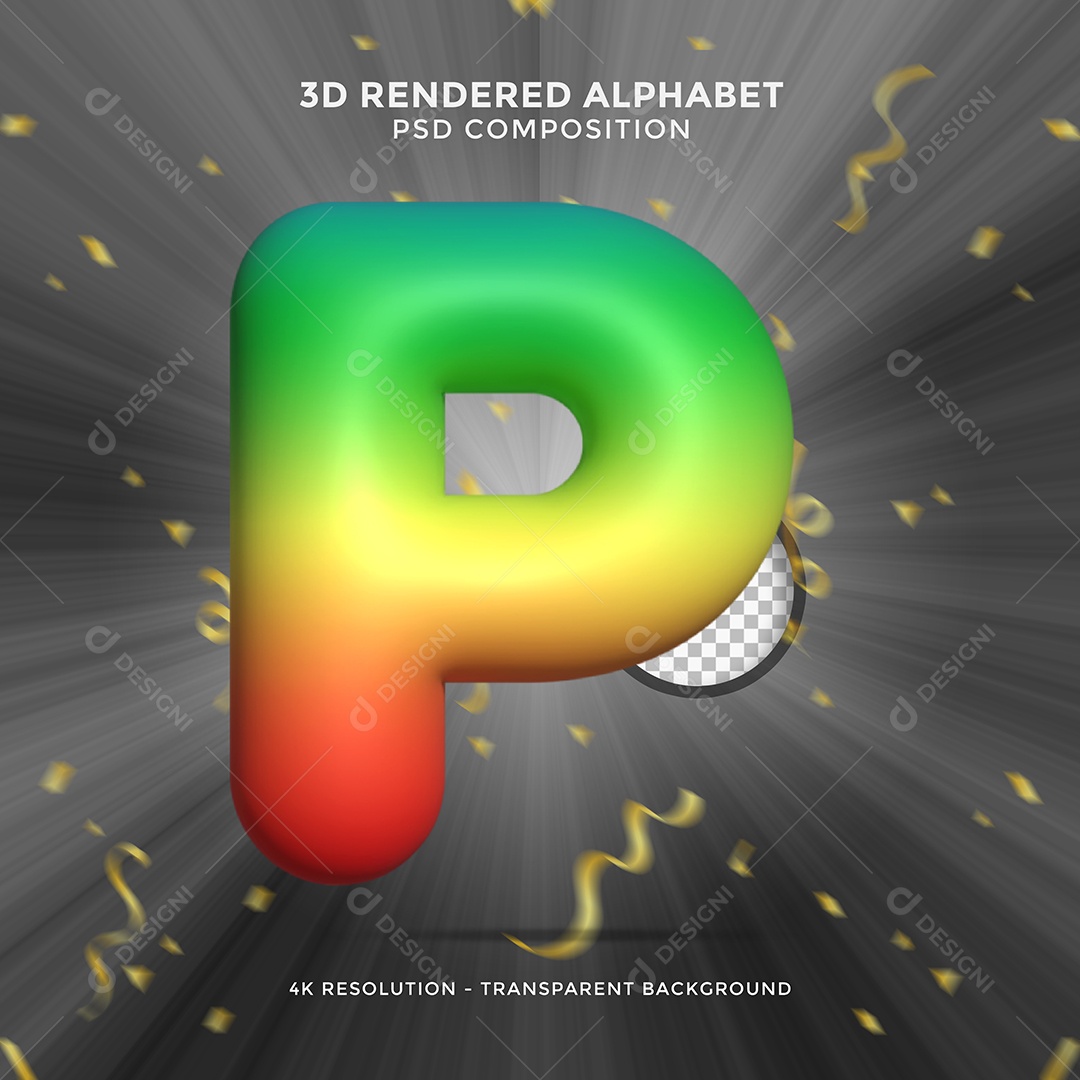 Letra P Colorida Cor Verde Amarelo e Vermelho Elemento 3D Para Composição PSD