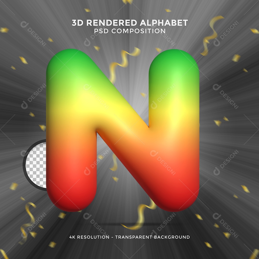 Letra N Colorida Cor Verde Amarelo e Vermelho Elemento 3D Para Composição PSD