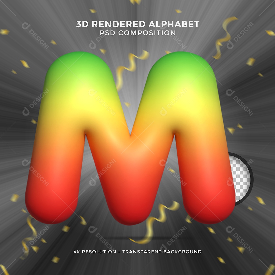 Letra M Colorida Cor Verde Amarelo e Vermelho Elemento 3D Para Composição PSD