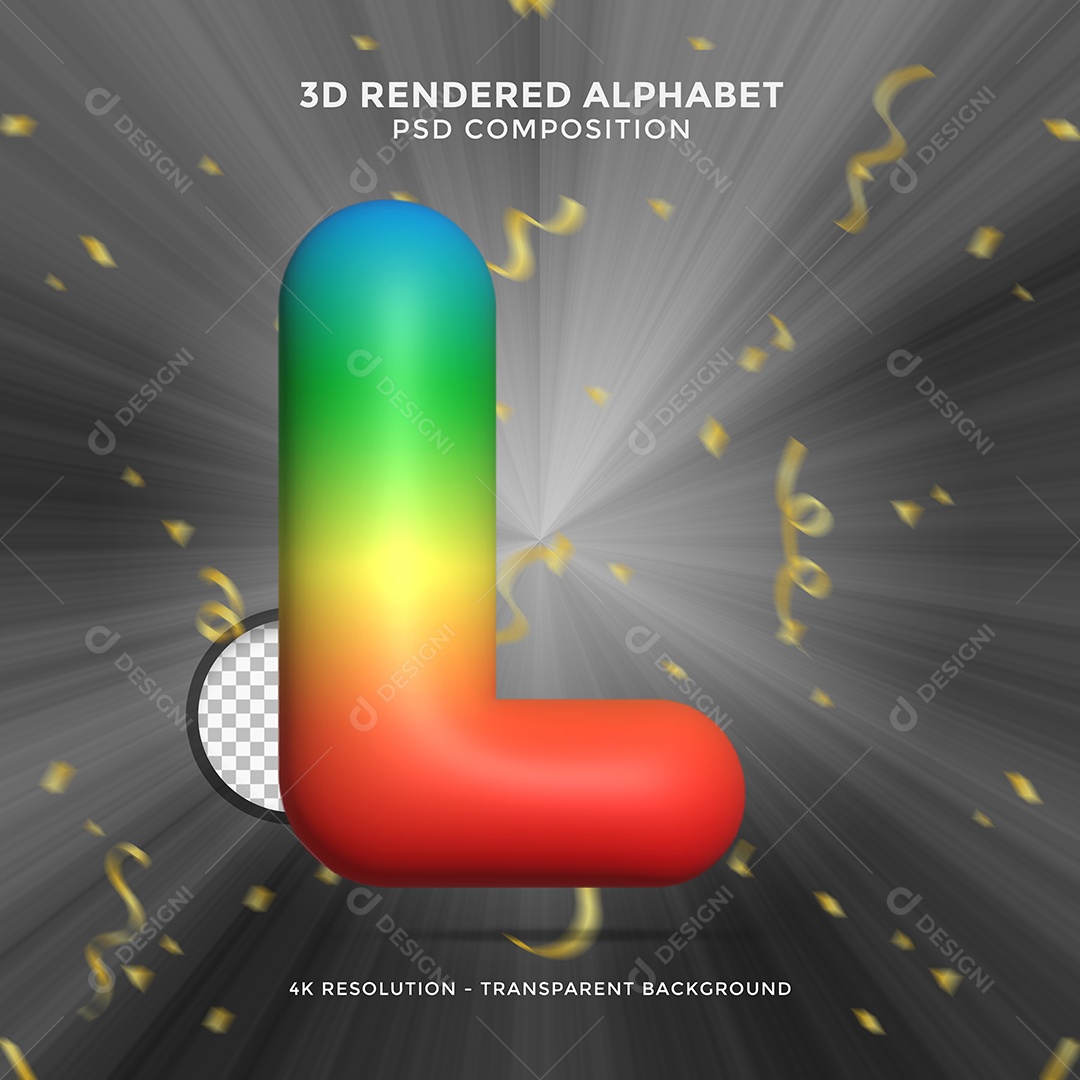 Letra L Colorida Cor Verde Amarelo e Vermelho Elemento 3D Para Composição PSD
