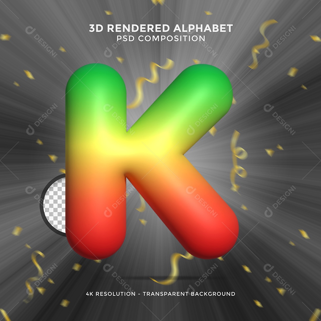 Letra K Colorida Cor Verde Amarelo e Vermelho Elemento 3D Para Composição PSD