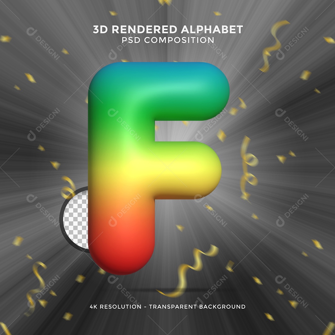 Letra F Colorida Cor Verde Amarelo e Vermelho Elemento 3D Para Composição PSD