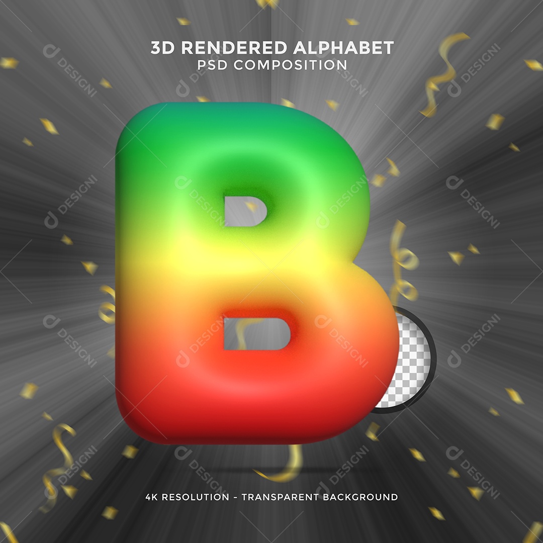 Letra B Colorida Cor Verde Amarelo e Vermelho Elemento 3D Para Composição PSD