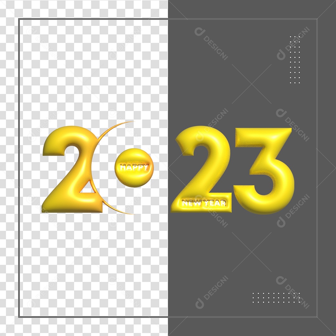Feliz Ano Novo Número 2023 Amarelo Elemento 3D para Composição PSD