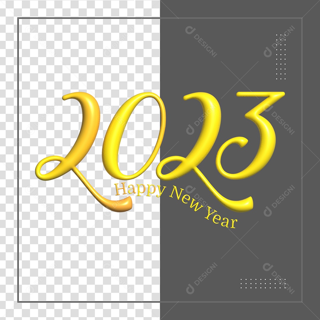 Feliz Ano Novo Número 2023 Amarelo Elemento 3D para Composição PSD