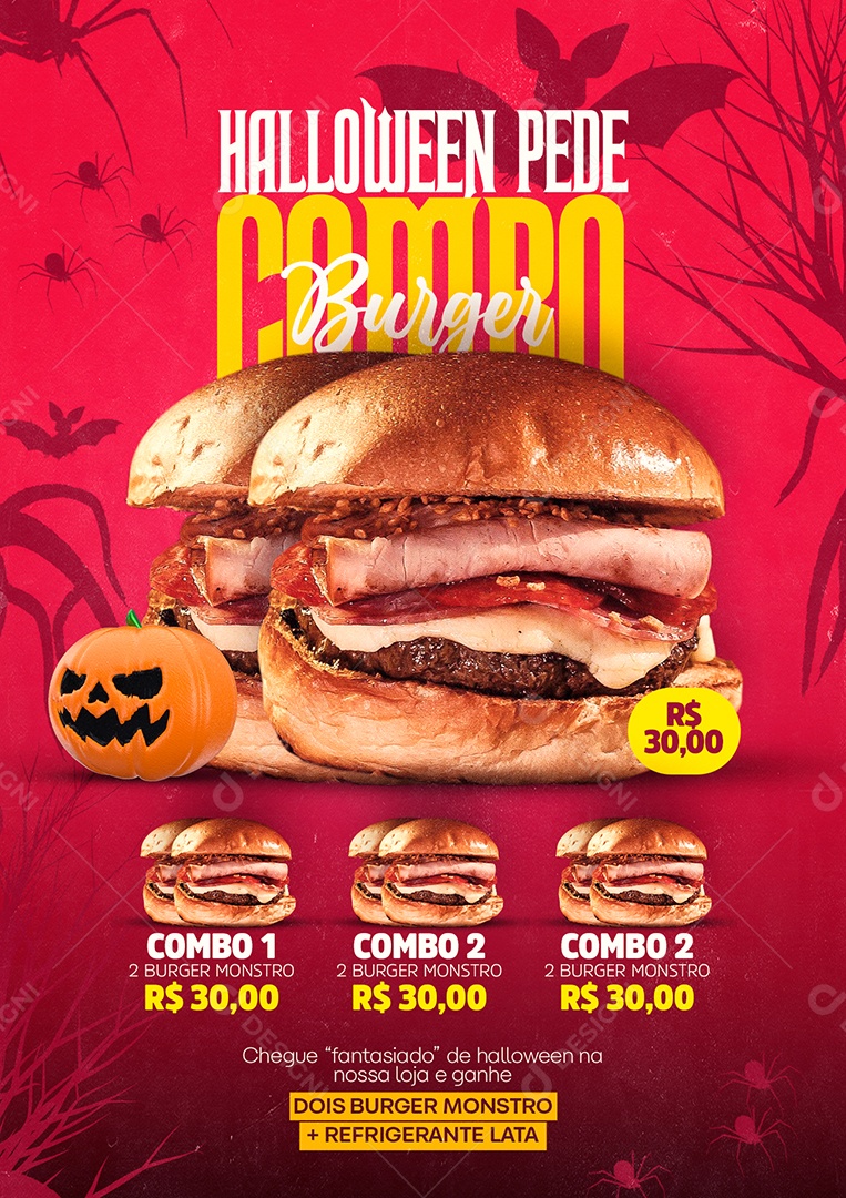 Halloween Pede Combo Burger Dois Burger Monstro Hamburgueria Social Media PSD Editável