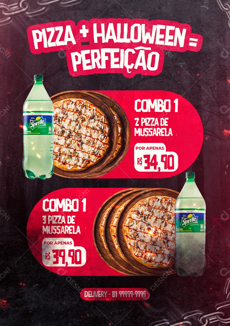 Pizza + Halloween Igual Perfeição Combo Pizzaria Social Media PSD Editável