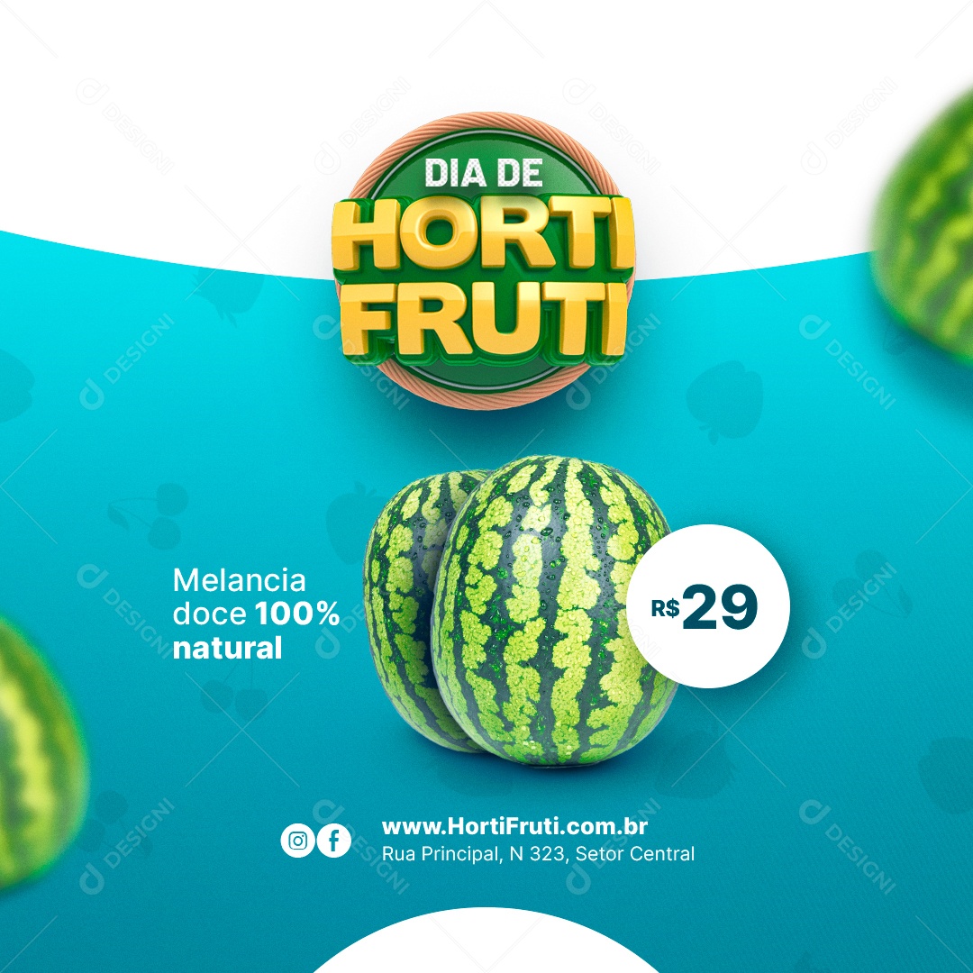 Melancia Doce 100% Natural Dia de Hortifruti Social Media PSD Editável