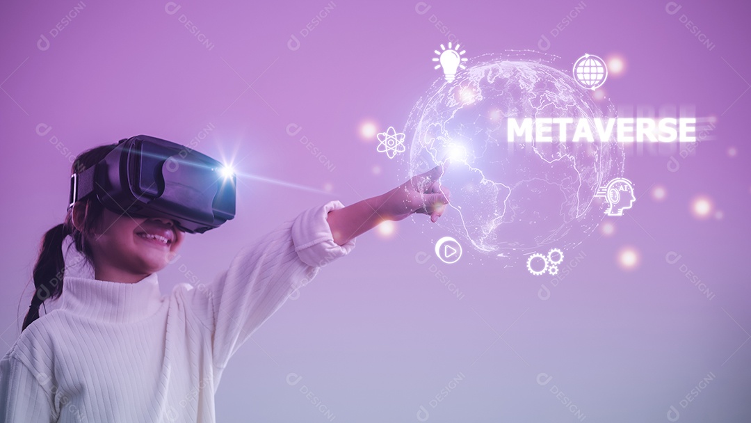 Conceitos de tecnologia do metaverso. Menina e experiências de mim