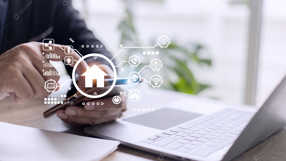 Controle doméstico inteligente com Smartphone, Estilo de vida da pessoa na vida moderna, Internet das coisas, Tecnologia de casa inteligente.