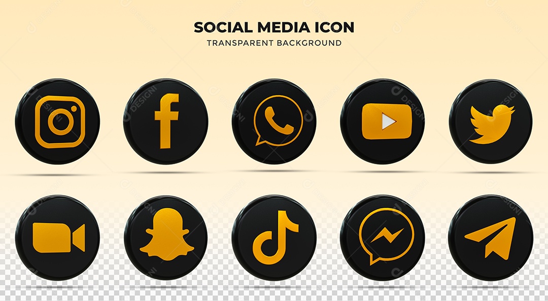Ícones de Redes Sociais Instagram Facebook Whatsapp Youtube Zoom Elementos Preto e Dourado PSD
