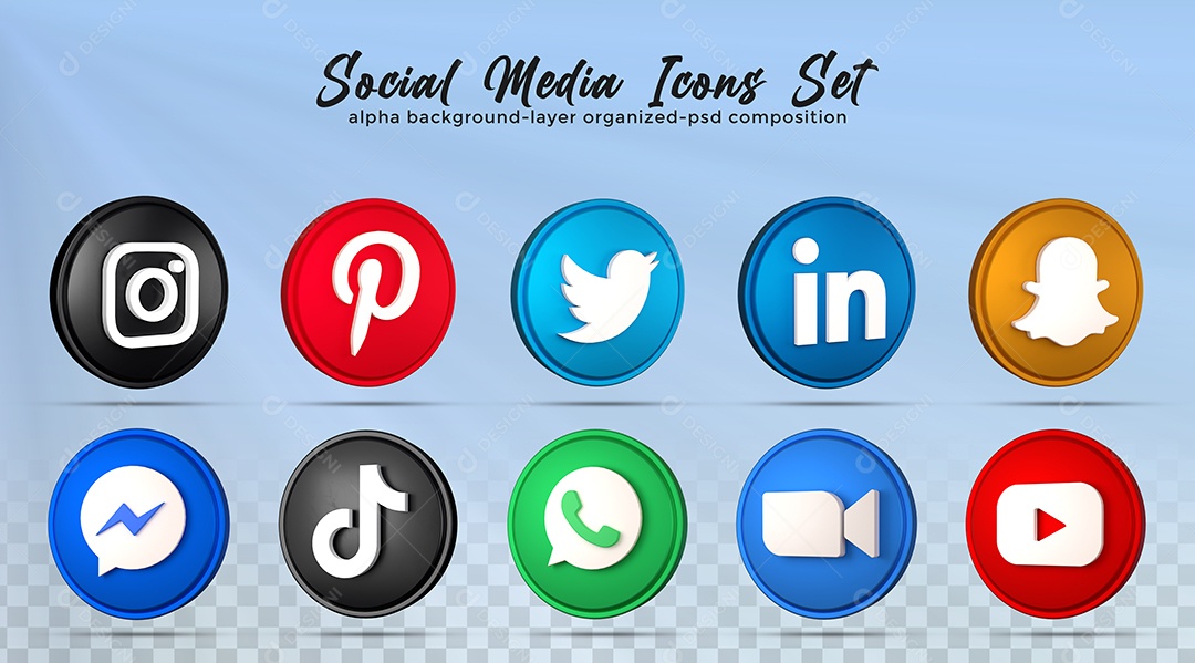 Ícones de Redes Sociais Instagram Linkedin Whatsapp Youtube Zoom Elementos PSD