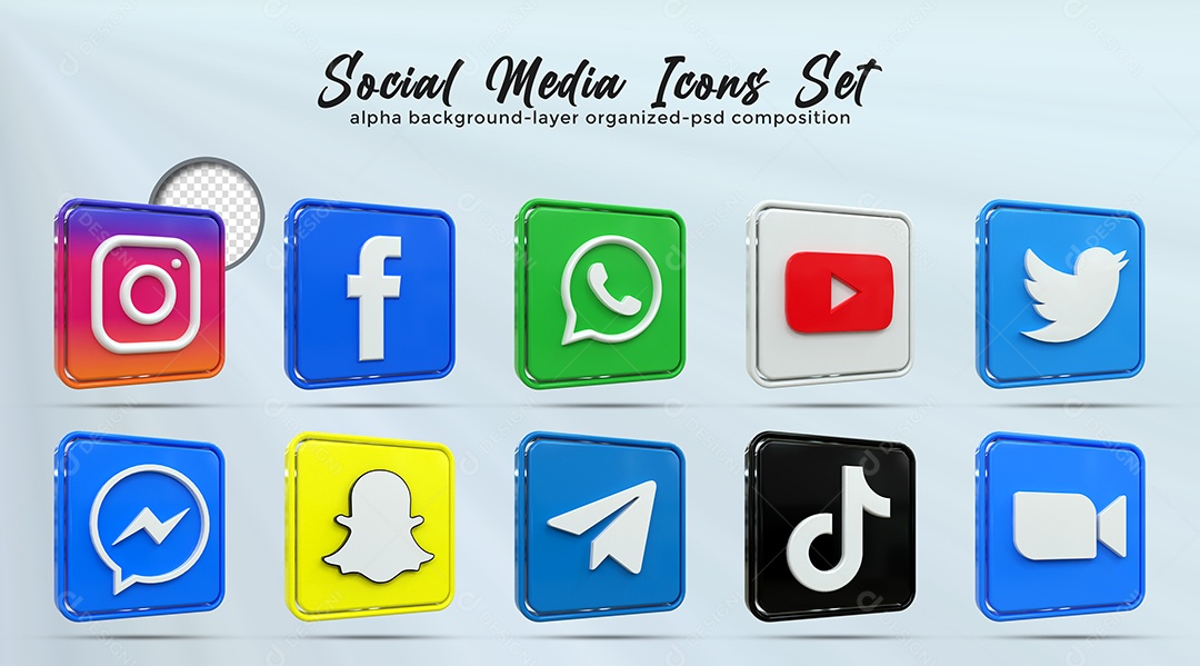 Ícones de Redes Sociais Instagram Facebook Whatsapp Youtube Zoom Elementos PSD