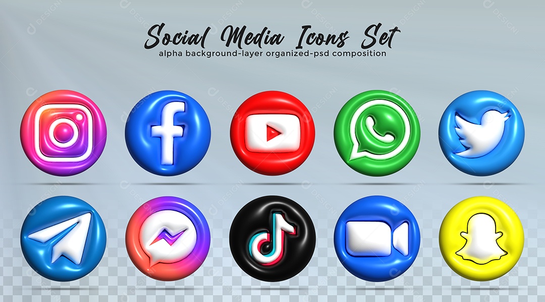Ícones de Redes Sociais Instagram Facebook Whatsapp Youtube Zoom Elementos PSD