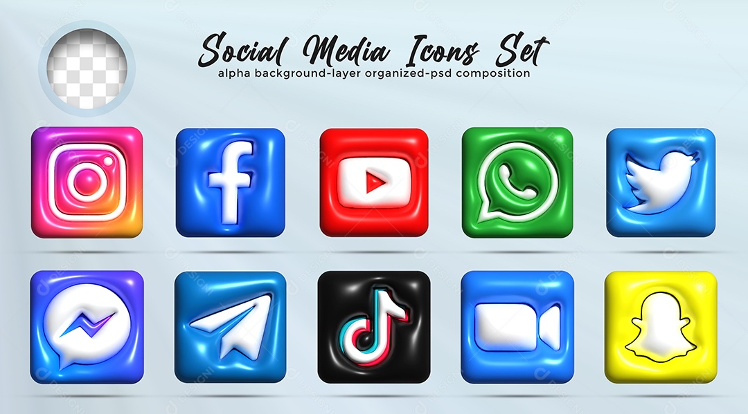 Ícones de Redes Sociais Instagram Facebook Whatsapp Youtube Zoom Elementos PSD
