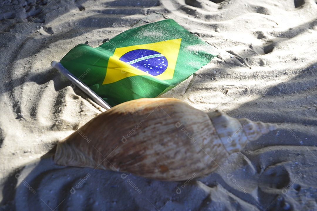 Bandeira do brasil sobre areia praia concha