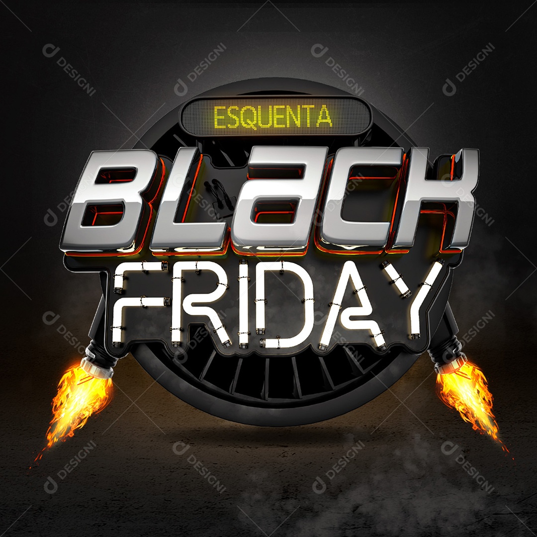 Black Friday Selo 3D Preto Com Luz Neon Branco para Composição PSD