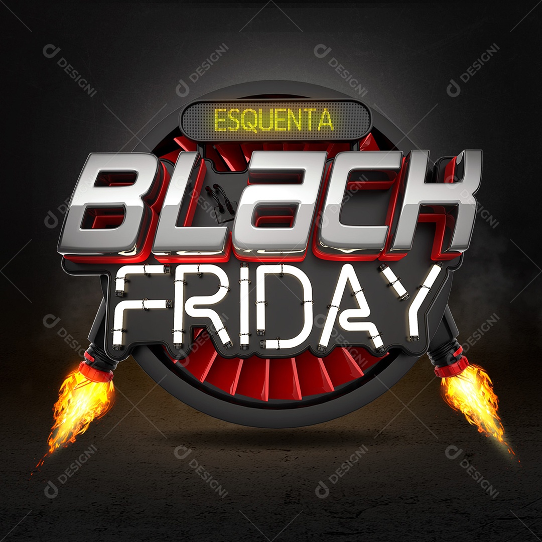 Black Friday Selo 3D Preto e Vermelho Com Luz Neon Branco para Composição PSD